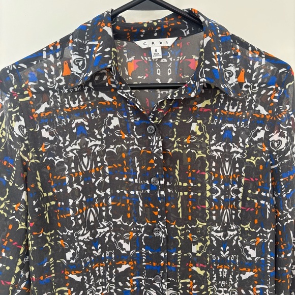 CAbi festival geometric print semi sheer bling sleeve buttons down blouse size S - Picture 5 of 12
